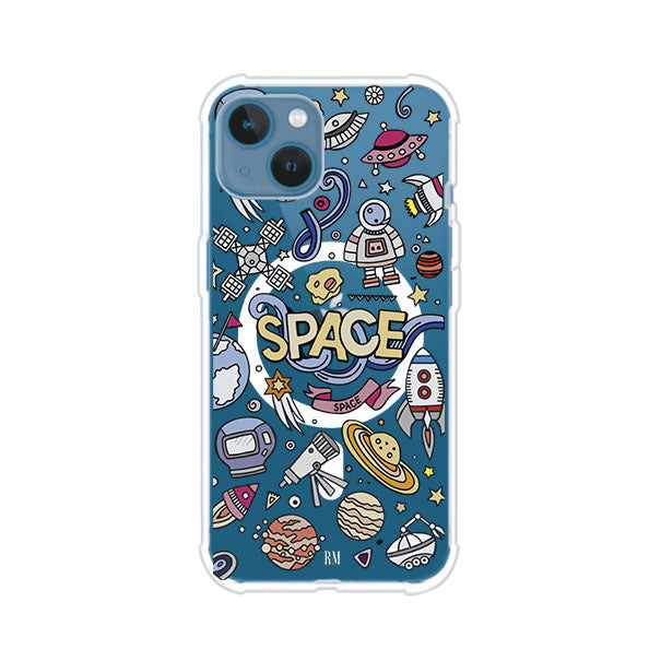 Funda para iPhone con diseño espacial, incluye ilustraciones de planetas, cohetes, astronautas y estrellas en estilo doodle divertido. Producto de Remark Mx