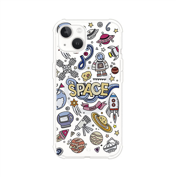 Funda para iPhone con diseño espacial, incluye ilustraciones de planetas, cohetes, astronautas y estrellas en estilo doodle divertido. Producto de Remark Mx
