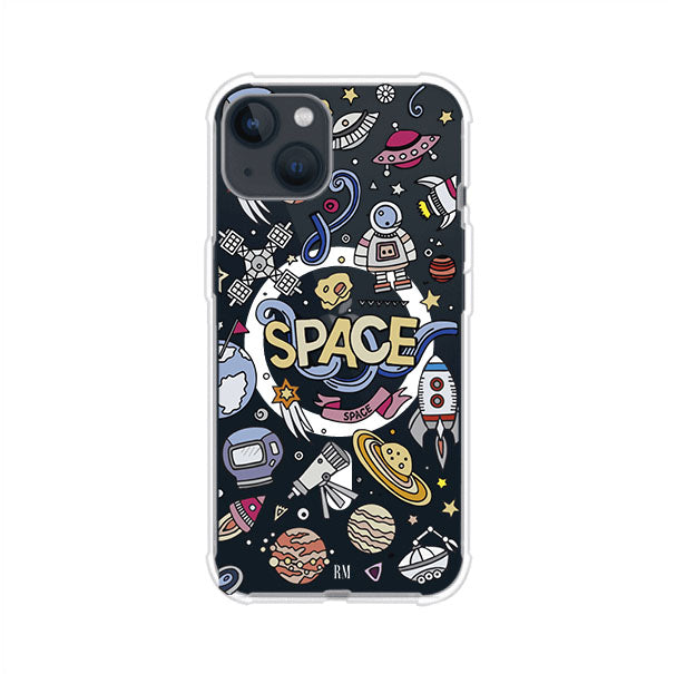 Funda para iPhone con diseño espacial, incluye ilustraciones de planetas, cohetes, astronautas y estrellas en estilo doodle divertido. Producto de Remark Mx