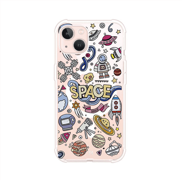 Funda para iPhone con diseño espacial, incluye ilustraciones de planetas, cohetes, astronautas y estrellas en estilo doodle divertido. Producto de Remark Mx
