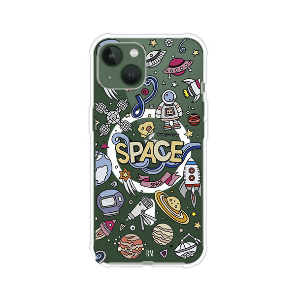 Funda para iPhone con diseño espacial, incluye ilustraciones de planetas, cohetes, astronautas y estrellas en estilo doodle divertido. Producto de Remark Mx