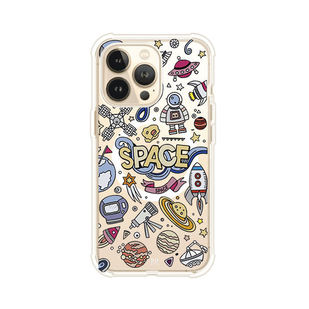 Funda para iPhone con diseño espacial, incluye ilustraciones de planetas, cohetes, astronautas y estrellas en estilo doodle divertido. Producto de Remark Mx