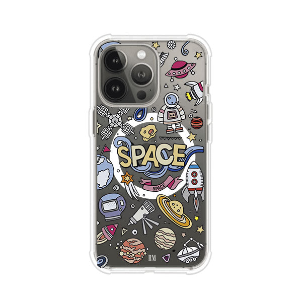 Funda para iPhone con diseño espacial, incluye ilustraciones de planetas, cohetes, astronautas y estrellas en estilo doodle divertido. Producto de Remark Mx
