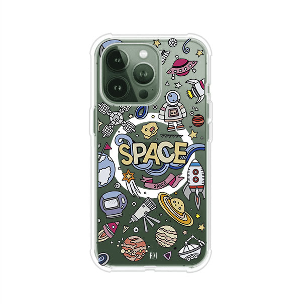 Funda para iPhone con diseño espacial, incluye ilustraciones de planetas, cohetes, astronautas y estrellas en estilo doodle divertido. Producto de Remark Mx