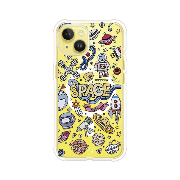 Funda para iPhone con diseño espacial, incluye ilustraciones de planetas, cohetes, astronautas y estrellas en estilo doodle divertido. Producto de Remark Mx