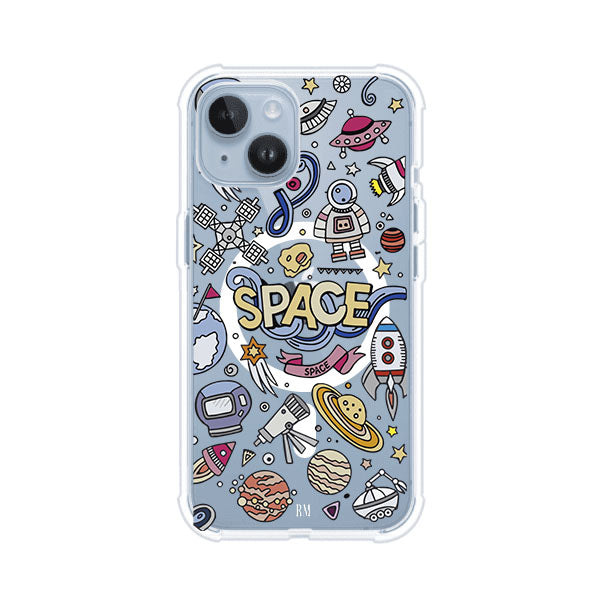 Funda para iPhone con diseño espacial, incluye ilustraciones de planetas, cohetes, astronautas y estrellas en estilo doodle divertido. Producto de Remark Mx