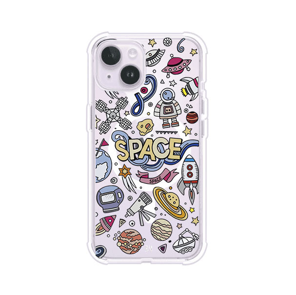 Funda para iPhone con diseño espacial, incluye ilustraciones de planetas, cohetes, astronautas y estrellas en estilo doodle divertido. Producto de Remark Mx