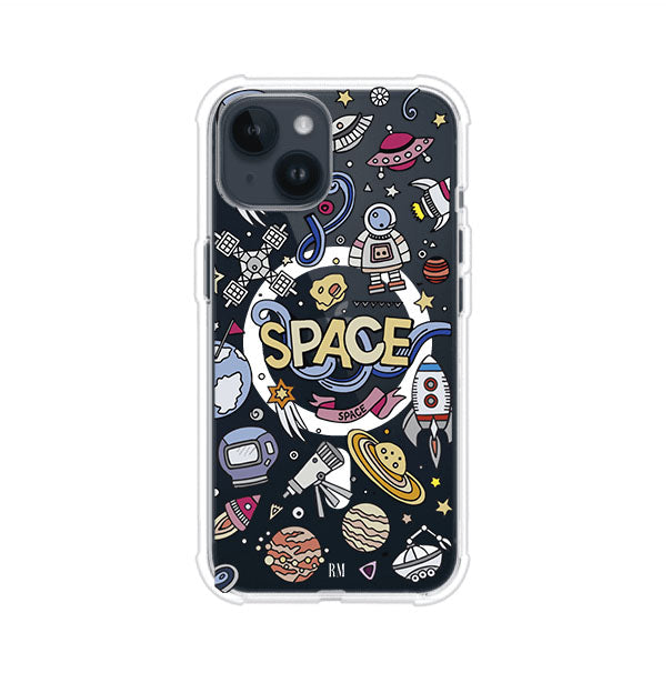 Funda para iPhone con diseño espacial, incluye ilustraciones de planetas, cohetes, astronautas y estrellas en estilo doodle divertido. Producto de Remark Mx