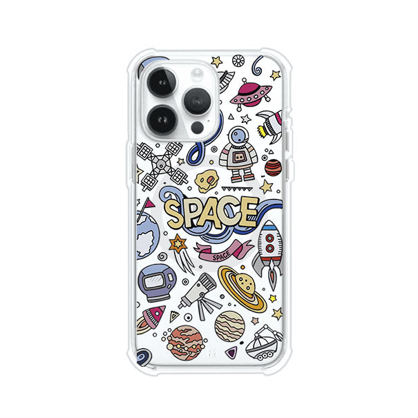 Funda para iPhone con diseño espacial, incluye ilustraciones de planetas, cohetes, astronautas y estrellas en estilo doodle divertido. Producto de Remark Mx