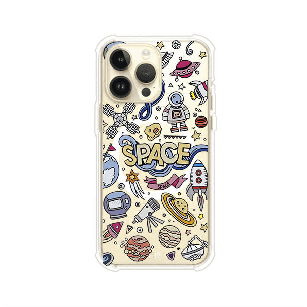 Funda para iPhone con diseño espacial, incluye ilustraciones de planetas, cohetes, astronautas y estrellas en estilo doodle divertido. Producto de Remark Mx