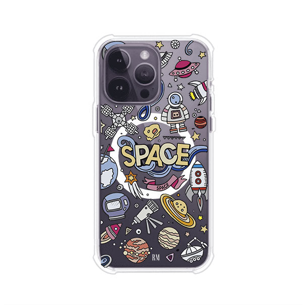 Funda para iPhone con diseño espacial, incluye ilustraciones de planetas, cohetes, astronautas y estrellas en estilo doodle divertido. Producto de Remark Mx