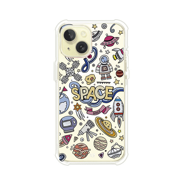 Funda para iPhone con diseño espacial, incluye ilustraciones de planetas, cohetes, astronautas y estrellas en estilo doodle divertido. Producto de Remark Mx