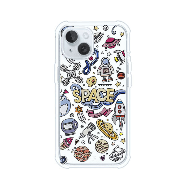 Funda para iPhone con diseño espacial, incluye ilustraciones de planetas, cohetes, astronautas y estrellas en estilo doodle divertido. Producto de Remark Mx