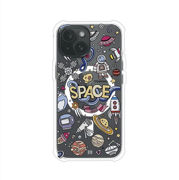Funda para iPhone con diseño espacial, incluye ilustraciones de planetas, cohetes, astronautas y estrellas en estilo doodle divertido. Producto de Remark Mx