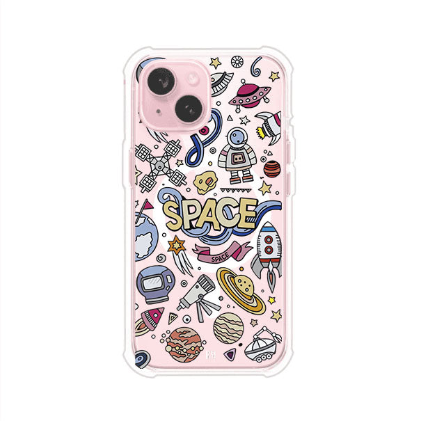Funda para iPhone con diseño espacial, incluye ilustraciones de planetas, cohetes, astronautas y estrellas en estilo doodle divertido. Producto de Remark Mx