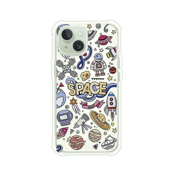 Funda para iPhone con diseño espacial, incluye ilustraciones de planetas, cohetes, astronautas y estrellas en estilo doodle divertido. Producto de Remark Mx