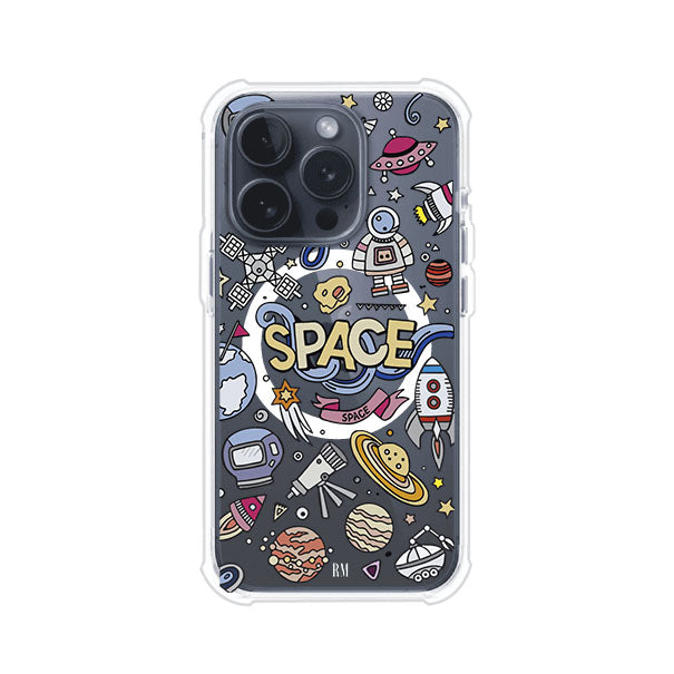 Funda para iPhone con diseño espacial, incluye ilustraciones de planetas, cohetes, astronautas y estrellas en estilo doodle divertido. Producto de Remark Mx