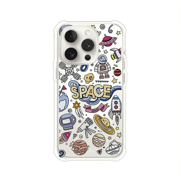 Funda para iPhone con diseño espacial, incluye ilustraciones de planetas, cohetes, astronautas y estrellas en estilo doodle divertido. Producto de Remark Mx