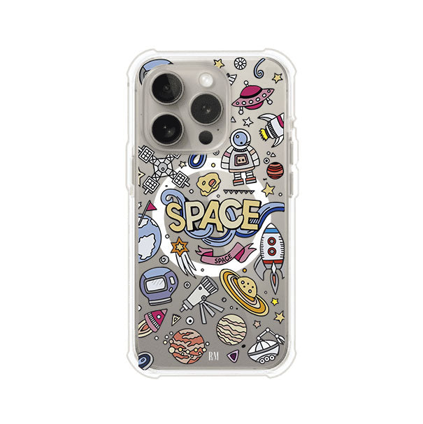Funda para iPhone con diseño espacial, incluye ilustraciones de planetas, cohetes, astronautas y estrellas en estilo doodle divertido. Producto de Remark Mx
