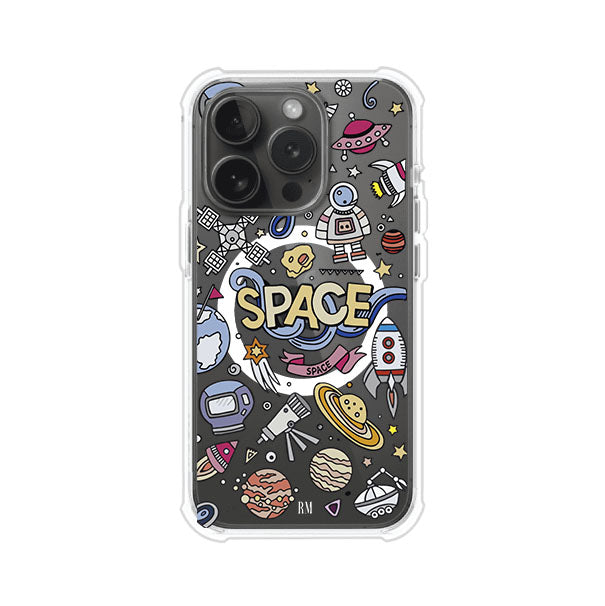 Funda para iPhone con diseño espacial, incluye ilustraciones de planetas, cohetes, astronautas y estrellas en estilo doodle divertido. Producto de Remark Mx