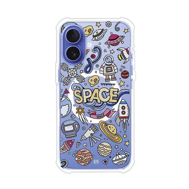 Funda para iPhone con diseño espacial, incluye ilustraciones de planetas, cohetes, astronautas y estrellas en estilo doodle divertido. Producto de Remark Mx