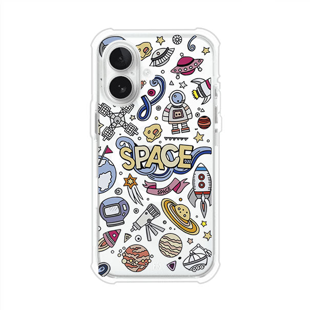 Funda para iPhone con diseño espacial, incluye ilustraciones de planetas, cohetes, astronautas y estrellas en estilo doodle divertido. Producto de Remark Mx