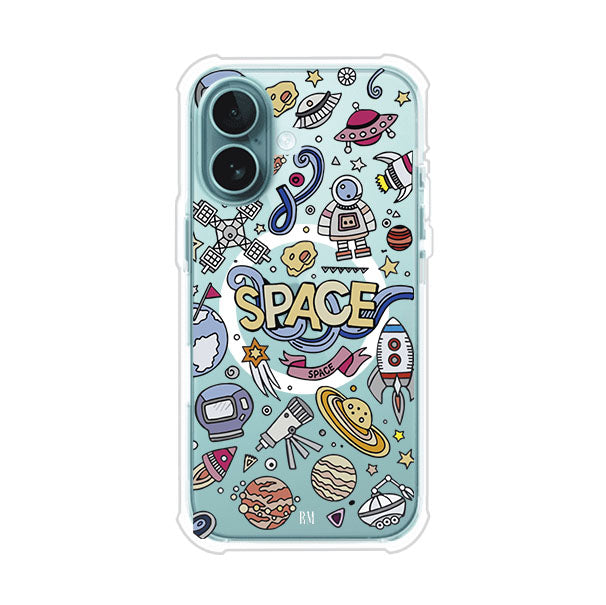 Funda para iPhone con diseño espacial, incluye ilustraciones de planetas, cohetes, astronautas y estrellas en estilo doodle divertido. Producto de Remark Mx