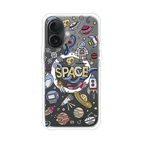 Funda para iPhone con diseño espacial, incluye ilustraciones de planetas, cohetes, astronautas y estrellas en estilo doodle divertido. Producto de Remark Mx