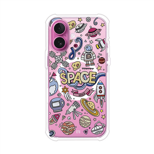 Funda para iPhone con diseño espacial, incluye ilustraciones de planetas, cohetes, astronautas y estrellas en estilo doodle divertido. Producto de Remark Mx