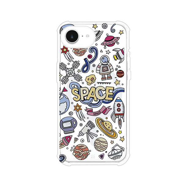 Funda para iPhone con diseño espacial, incluye ilustraciones de planetas, cohetes, astronautas y estrellas en estilo doodle divertido. Producto de Remark Mx
