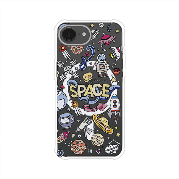 Funda para iPhone con diseño espacial, incluye ilustraciones de planetas, cohetes, astronautas y estrellas en estilo doodle divertido. Producto de Remark Mx