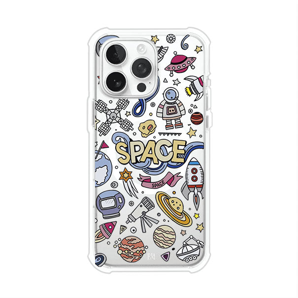 Funda para iPhone con diseño espacial, incluye ilustraciones de planetas, cohetes, astronautas y estrellas en estilo doodle divertido. Producto de Remark Mx