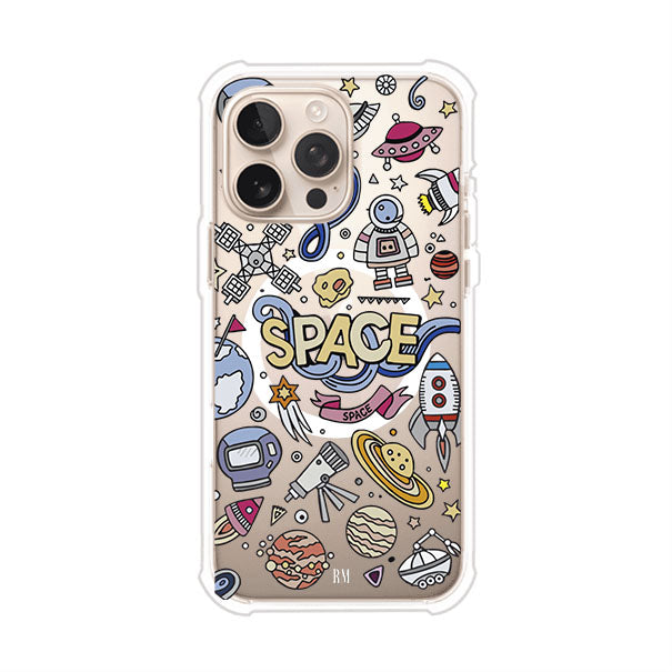 Funda para iPhone con diseño espacial, incluye ilustraciones de planetas, cohetes, astronautas y estrellas en estilo doodle divertido. Producto de Remark Mx