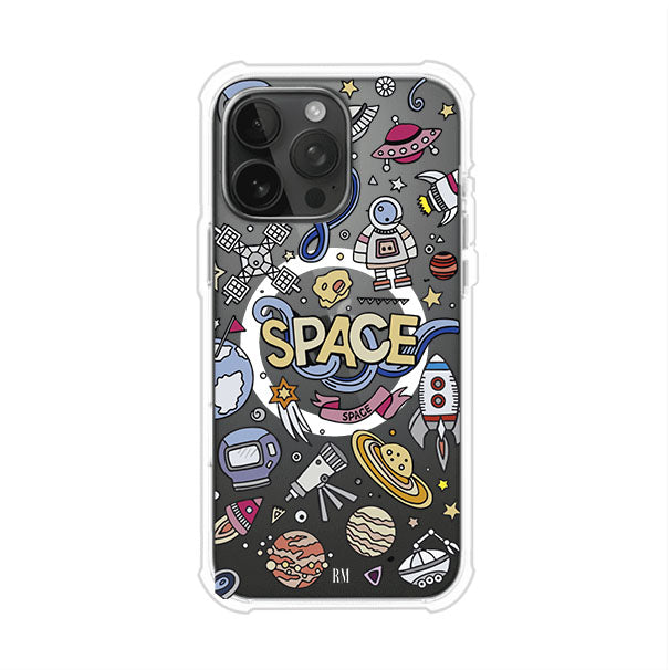 Funda para iPhone con diseño espacial, incluye ilustraciones de planetas, cohetes, astronautas y estrellas en estilo doodle divertido. Producto de Remark Mx