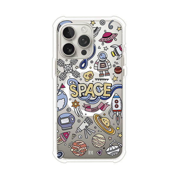 Funda para iPhone con diseño espacial, incluye ilustraciones de planetas, cohetes, astronautas y estrellas en estilo doodle divertido. Producto de Remark Mx