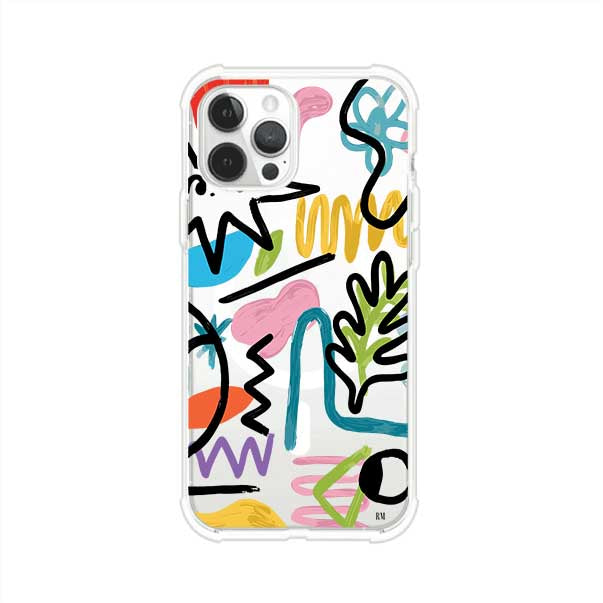 Funda con diseño de garabatos abstractos en colores vivos para iPhone. Estilo moderno y artístico. Producto de Remark Mx