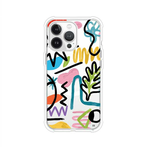 Funda con diseño de garabatos abstractos en colores vivos para iPhone. Estilo moderno y artístico. Producto de Remark Mx