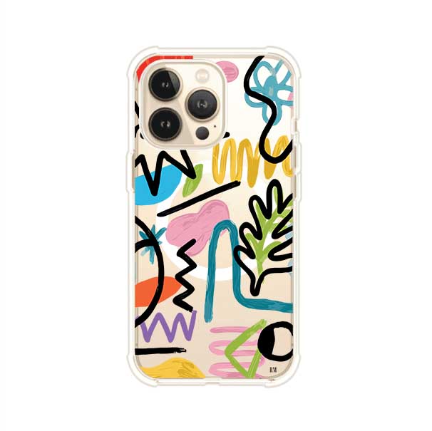 Funda con diseño de garabatos abstractos en colores vivos para iPhone. Estilo moderno y artístico. Producto de Remark Mx