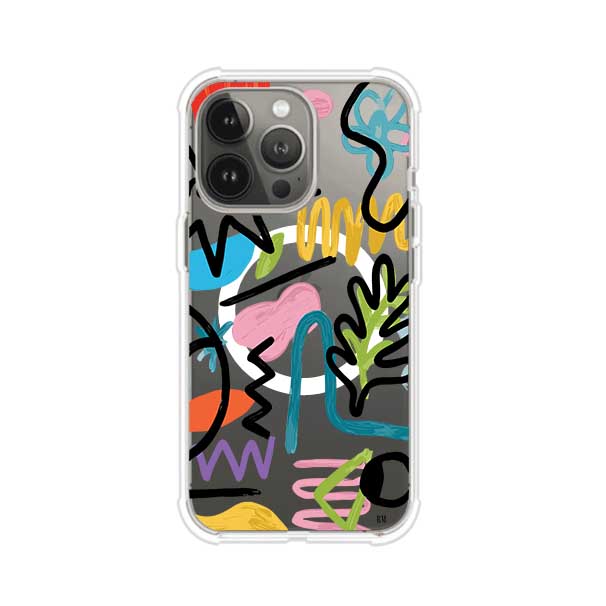 Funda con diseño de garabatos abstractos en colores vivos para iPhone. Estilo moderno y artístico. Producto de Remark Mx