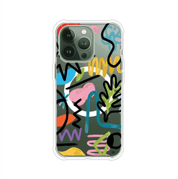 Funda con diseño de garabatos abstractos en colores vivos para iPhone. Estilo moderno y artístico. Producto de Remark Mx
