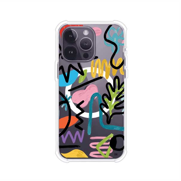 Funda con diseño de garabatos abstractos en colores vivos para iPhone. Estilo moderno y artístico. Producto de Remark Mx
