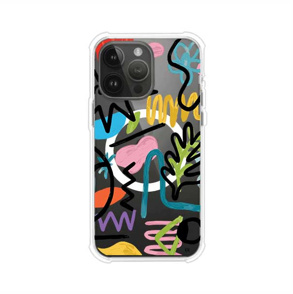 Funda con diseño de garabatos abstractos en colores vivos para iPhone. Estilo moderno y artístico. Producto de Remark Mx