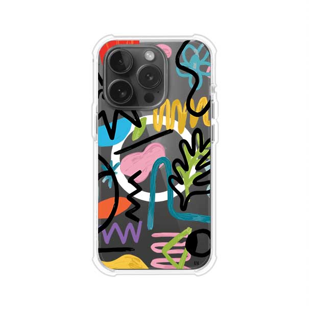 Funda con diseño de garabatos abstractos en colores vivos para iPhone. Estilo moderno y artístico. Producto de Remark Mx