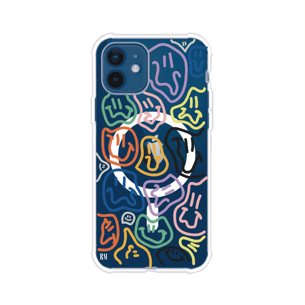 Funda para iPhone con diseño de caritas distorsionadas en colores neón sobre fondo negro. Estilo artístico, divertido y psicodélico. Diseño original de Remark MX