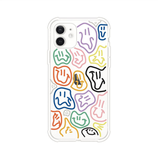 Funda para iPhone con diseño de caritas distorsionadas en colores neón sobre fondo negro. Estilo artístico, divertido y psicodélico. Diseño original de Remark MX