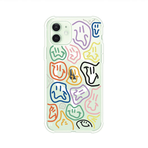 Funda para iPhone con diseño de caritas distorsionadas en colores neón sobre fondo negro. Estilo artístico, divertido y psicodélico. Diseño original de Remark MX