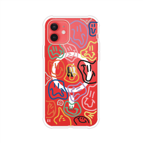 Funda para iPhone con diseño de caritas distorsionadas en colores neón sobre fondo negro. Estilo artístico, divertido y psicodélico. Diseño original de Remark MX