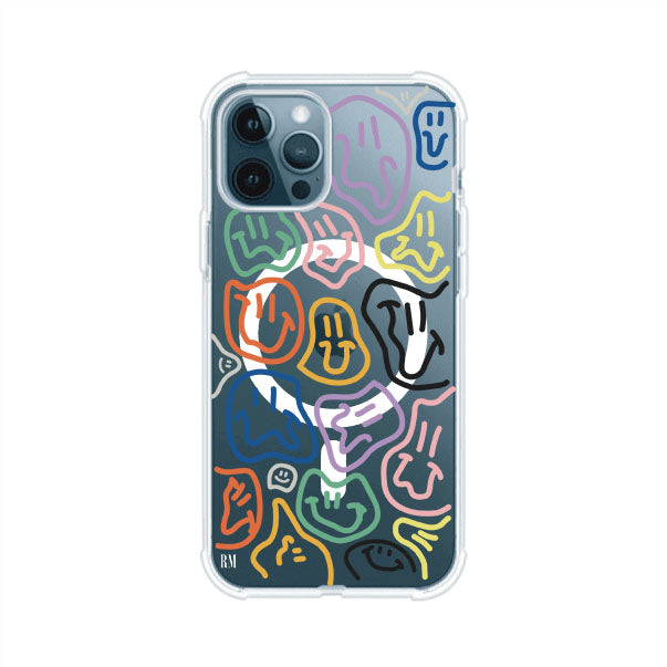 Funda para iPhone con diseño de caritas distorsionadas en colores neón sobre fondo negro. Estilo artístico, divertido y psicodélico. Diseño original de Remark MX