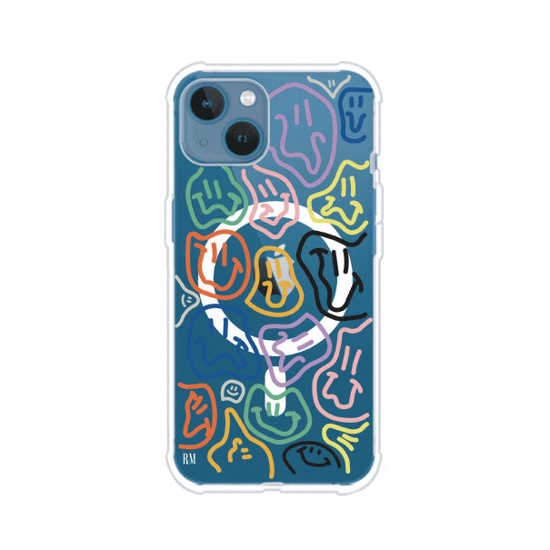 Funda para iPhone con diseño de caritas distorsionadas en colores neón sobre fondo negro. Estilo artístico, divertido y psicodélico. Diseño original de Remark MX