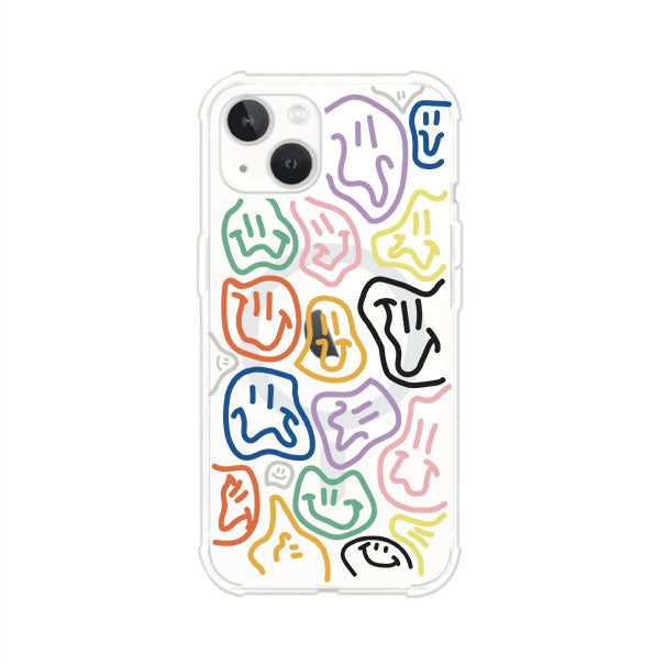 Funda para iPhone con diseño de caritas distorsionadas en colores neón sobre fondo negro. Estilo artístico, divertido y psicodélico. Diseño original de Remark MX